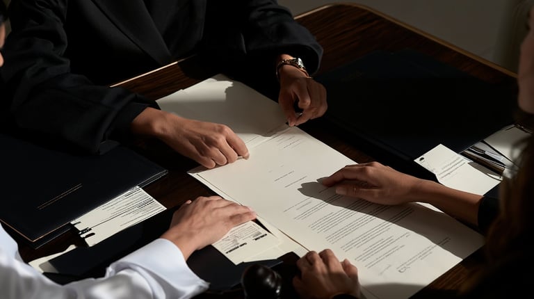 Two people in business attire reviewing documents together at a table during a professional meeting or discussion.